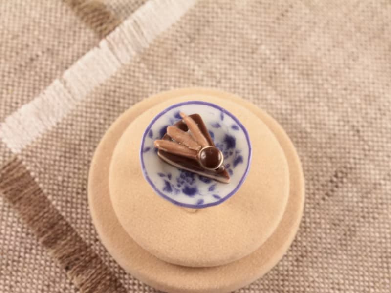 Chocolate Cake Porcelain Plate Blue Brown Adjustable Ring Food Miniature Jewelry