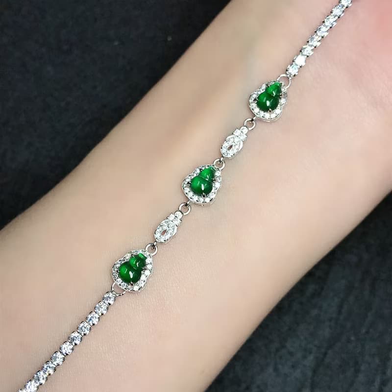 【福祿】冰綠翡翠葫蘆設計款手鍊 925純銀 | 天然A貨翡翠 |