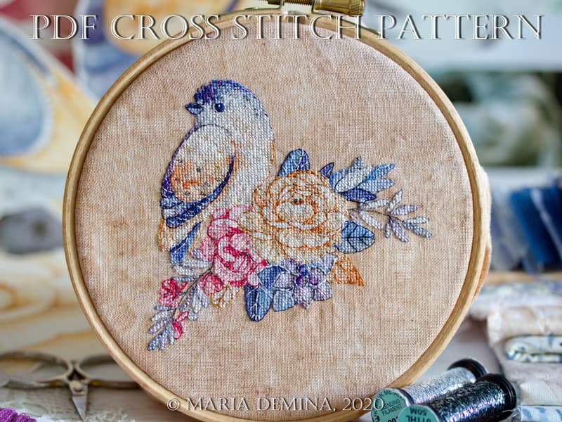 【數位】Moonlight Bird and Flowers Bouquet PDF cross stitch pattern 鸟花十字绣