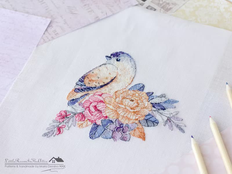 【數位】Moonlight Bird and Flowers Bouquet PDF cross stitch pattern 鸟花十字绣