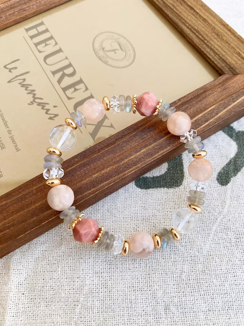 手作設計款能量水晶手鍊 粉櫻花瑪瑙/薔薇輝石/拉長石/白水晶