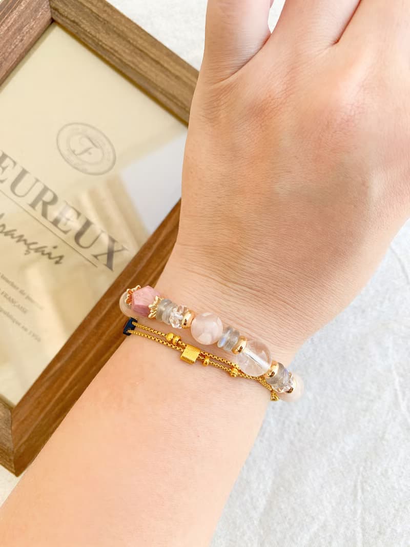 手作設計款能量水晶手鍊 粉櫻花瑪瑙/薔薇輝石/拉長石/白水晶