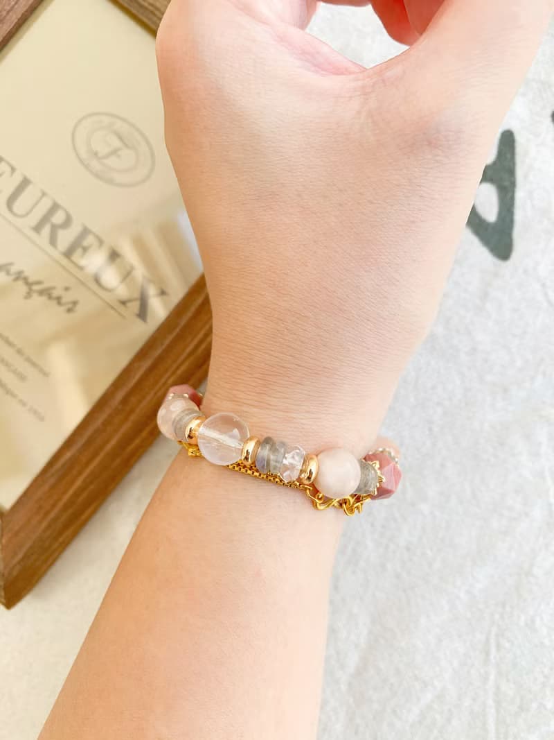 手作設計款能量水晶手鍊 粉櫻花瑪瑙/薔薇輝石/拉長石/白水晶