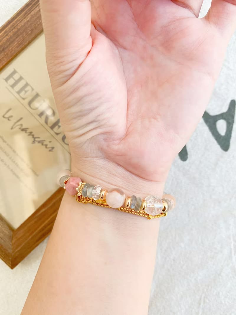 手作設計款能量水晶手鍊 粉櫻花瑪瑙/薔薇輝石/拉長石/白水晶