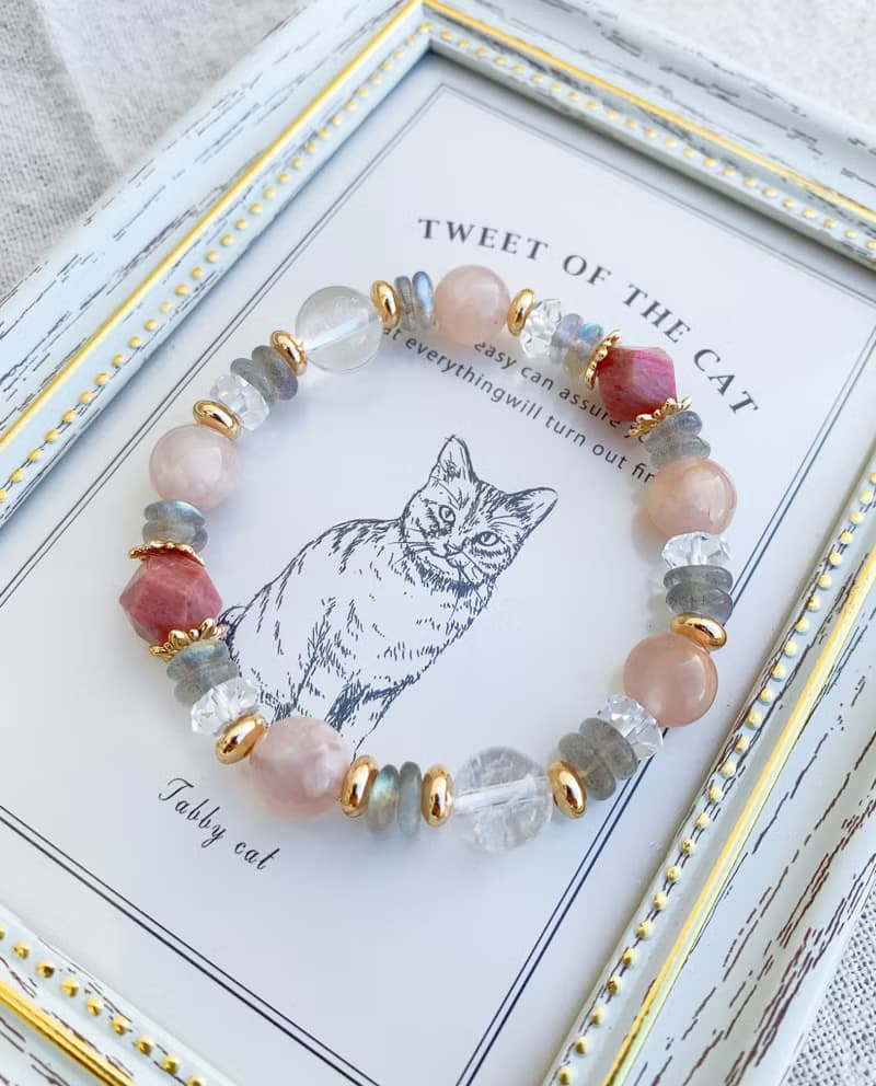 手作設計款能量水晶手鍊 粉櫻花瑪瑙/薔薇輝石/拉長石/白水晶