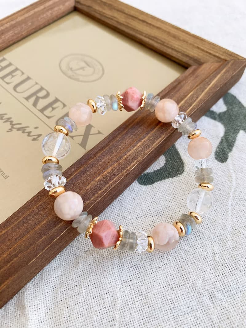 手作設計款能量水晶手鍊 粉櫻花瑪瑙/薔薇輝石/拉長石/白水晶