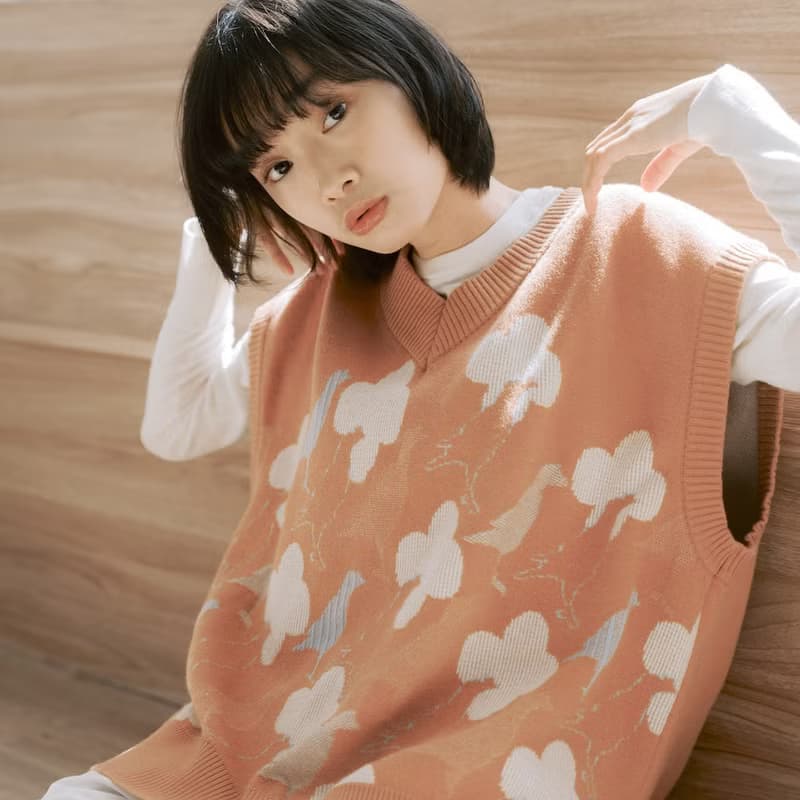 針織毛衣背心/軟冬綻花/海棠八哥2號/淡漠霧橘