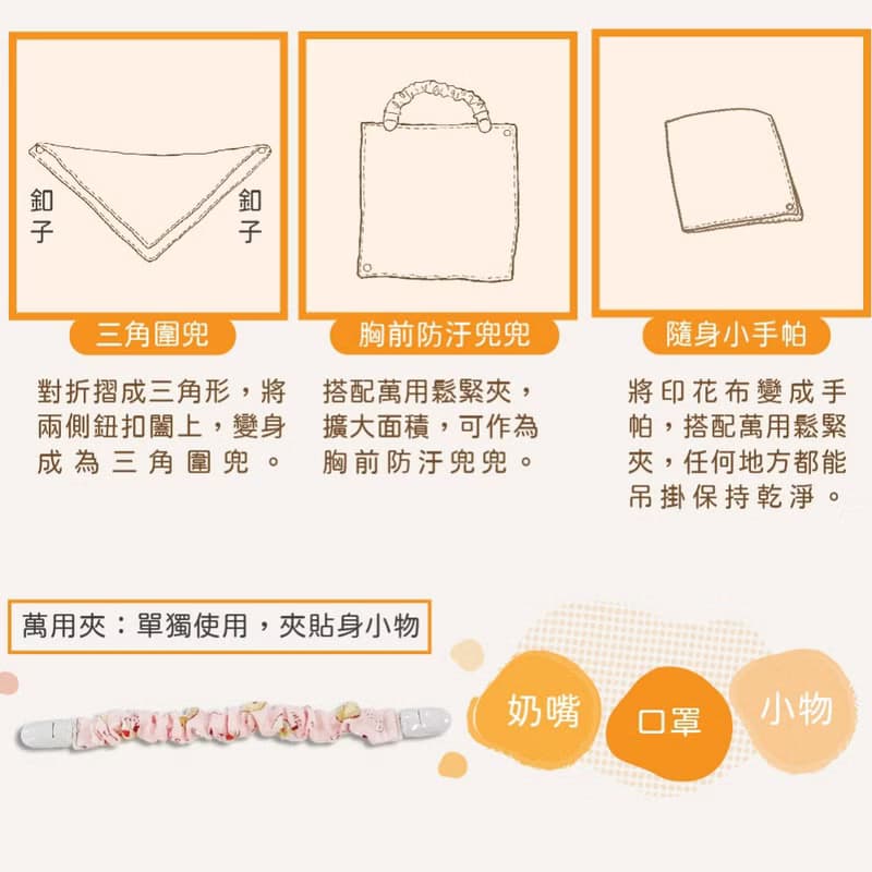 日本純棉印花好好用圍兜手帕組_ 附可拆雙頭鬆緊夾_兩用造型