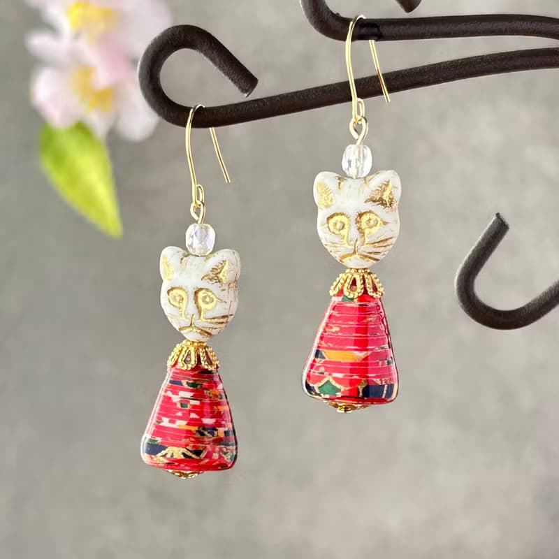 春の福々猫祭りピアス/イヤリング　セット　軽い和紙のアクセサリー