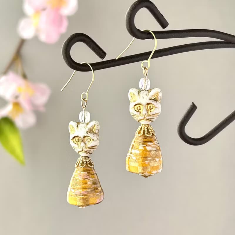 春の福々猫祭りピアス/イヤリング　セット　軽い和紙のアクセサリー
