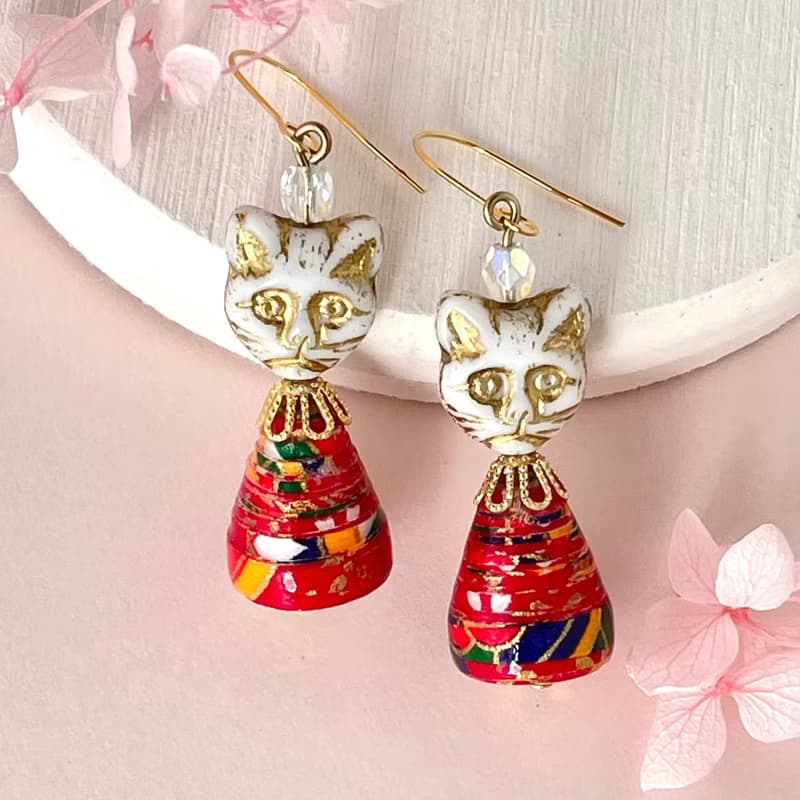 春の福々猫祭りピアス/イヤリング　セット　軽い和紙のアクセサリー