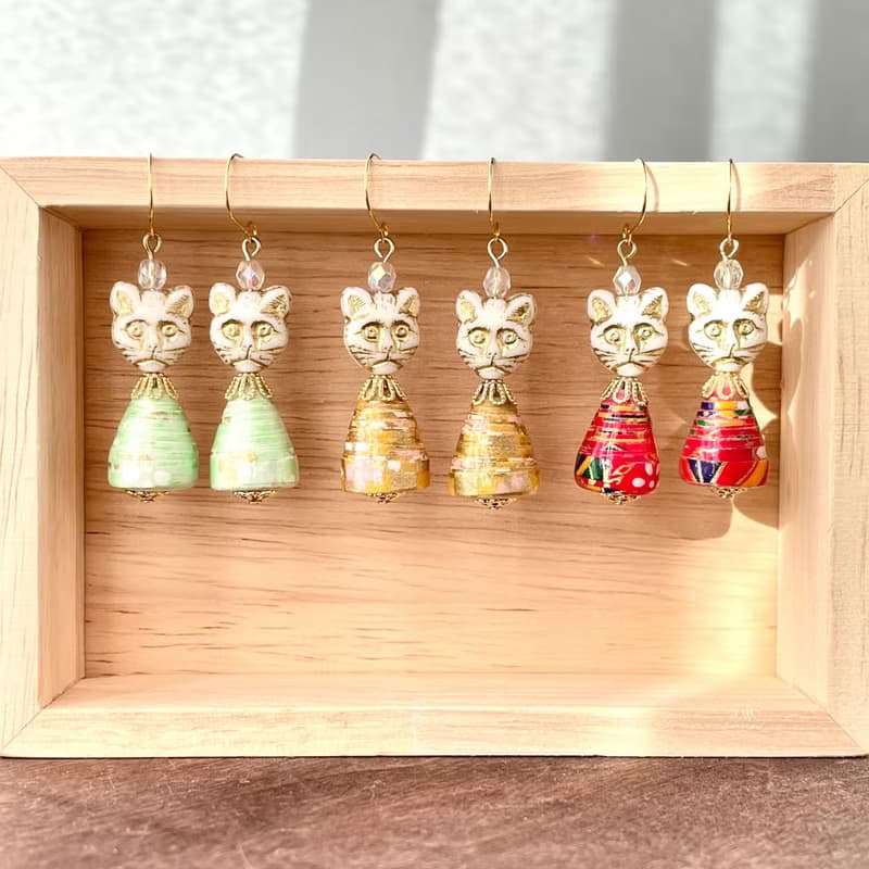 春の福々猫祭りピアス/イヤリング　セット　軽い和紙のアクセサリー