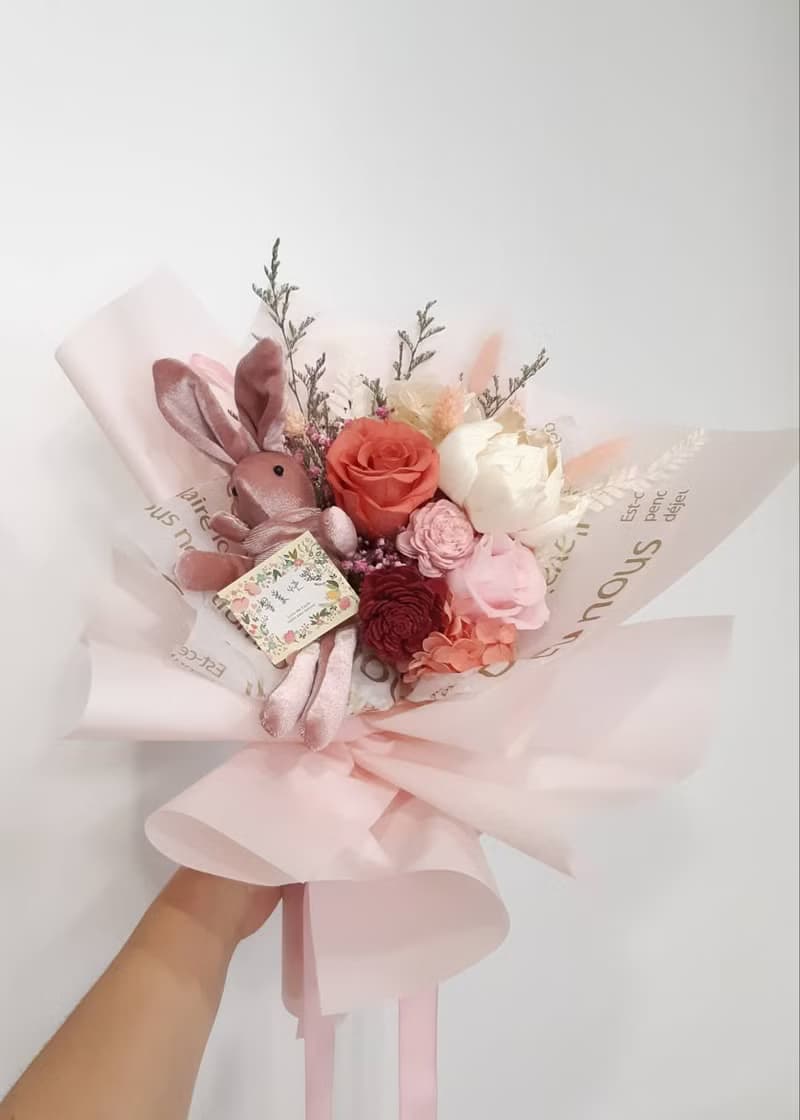 甜美粉嫩系~香氛太陽玫瑰&不凋玫瑰花束 畢業花束 情人節花束