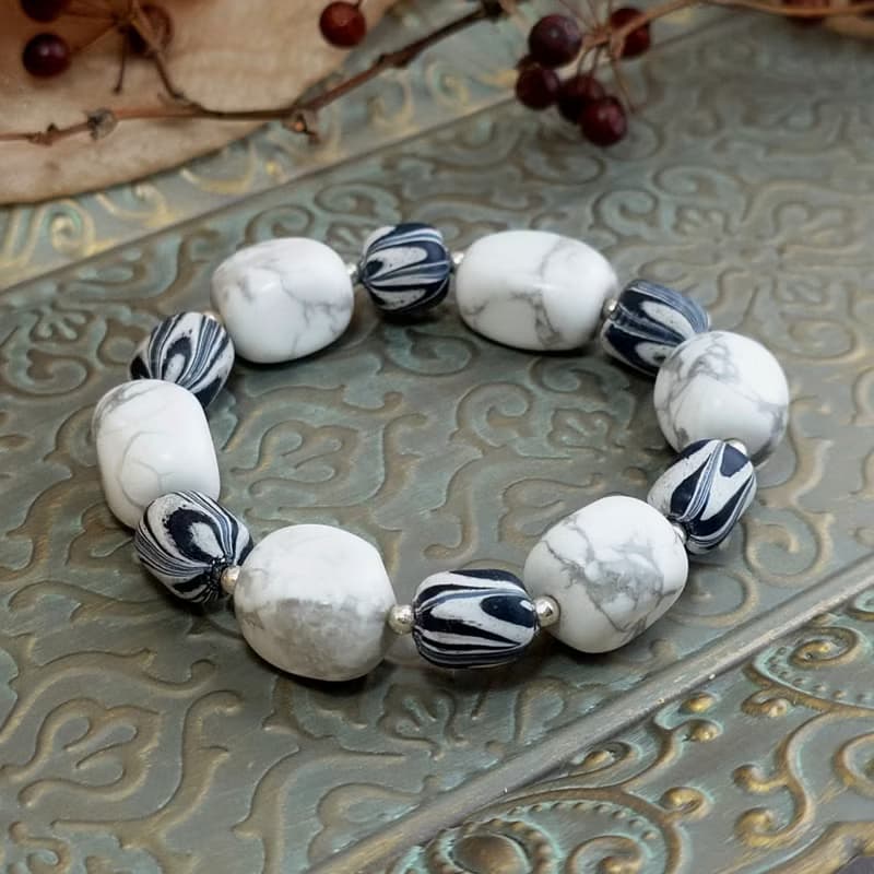 手鍊 白紋石 黑白斑馬紋 尼泊爾琉璃珠 925銀飾 手珠