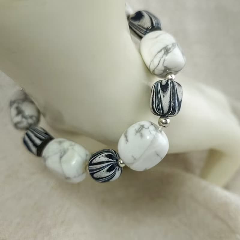 手鍊 白紋石 黑白斑馬紋 尼泊爾琉璃珠 925銀飾 手珠