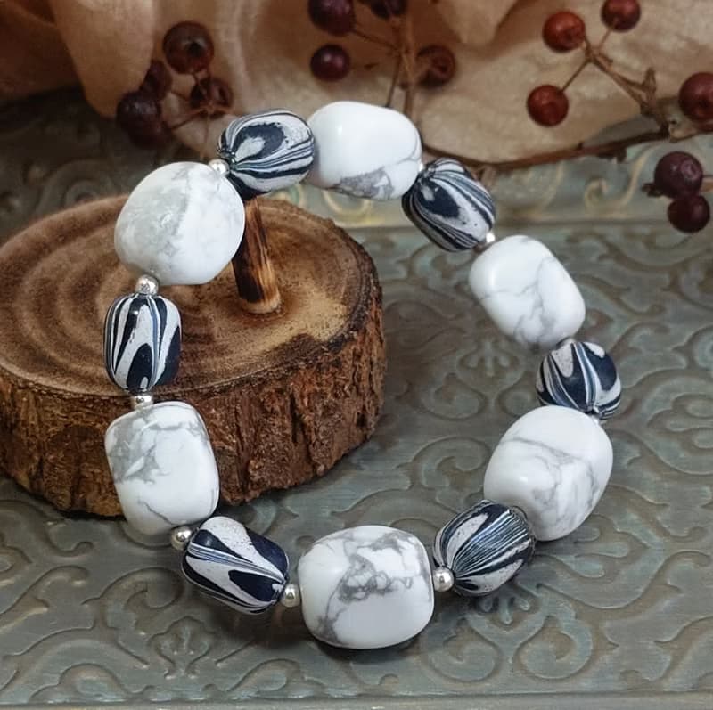 手鍊 白紋石 黑白斑馬紋 尼泊爾琉璃珠 925銀飾 手珠