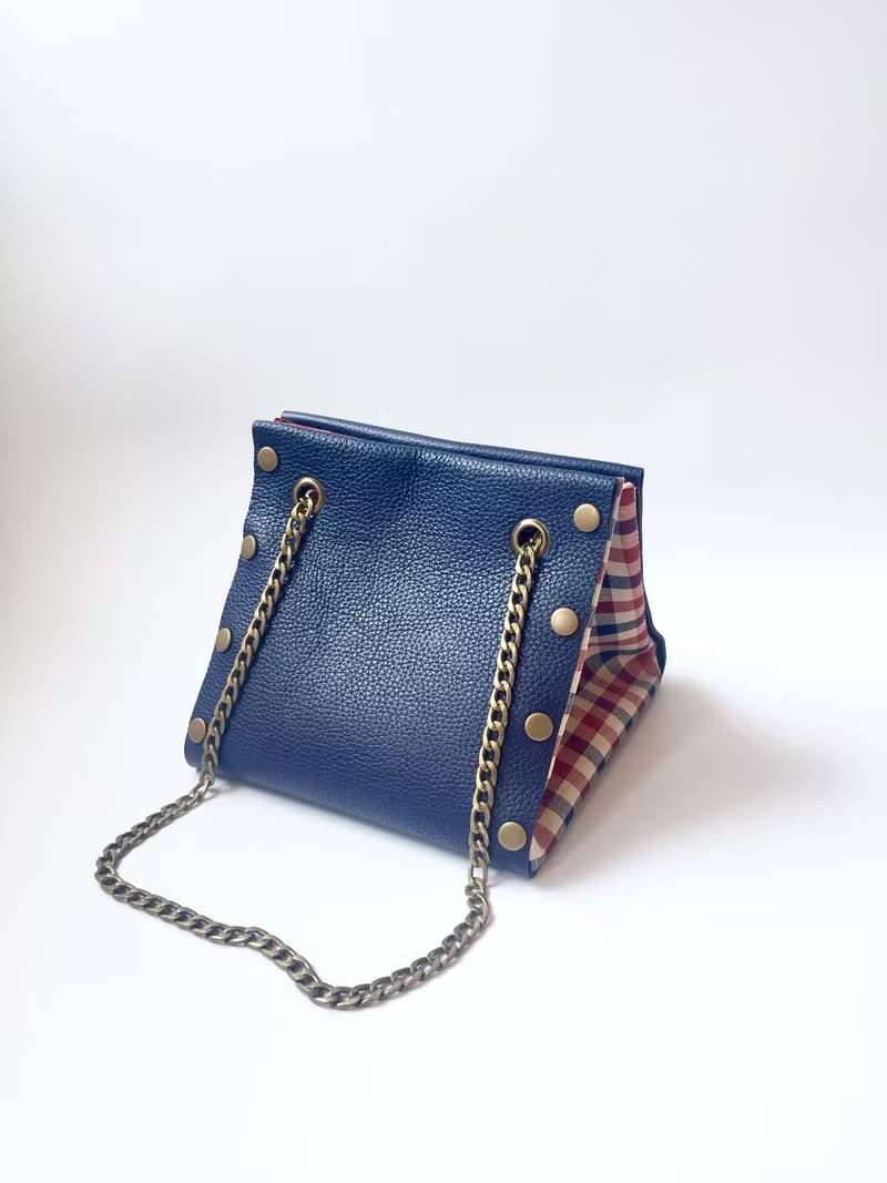 自由組合式 小方形皮革拼布手袋  藍色皮革 布料隨時替換