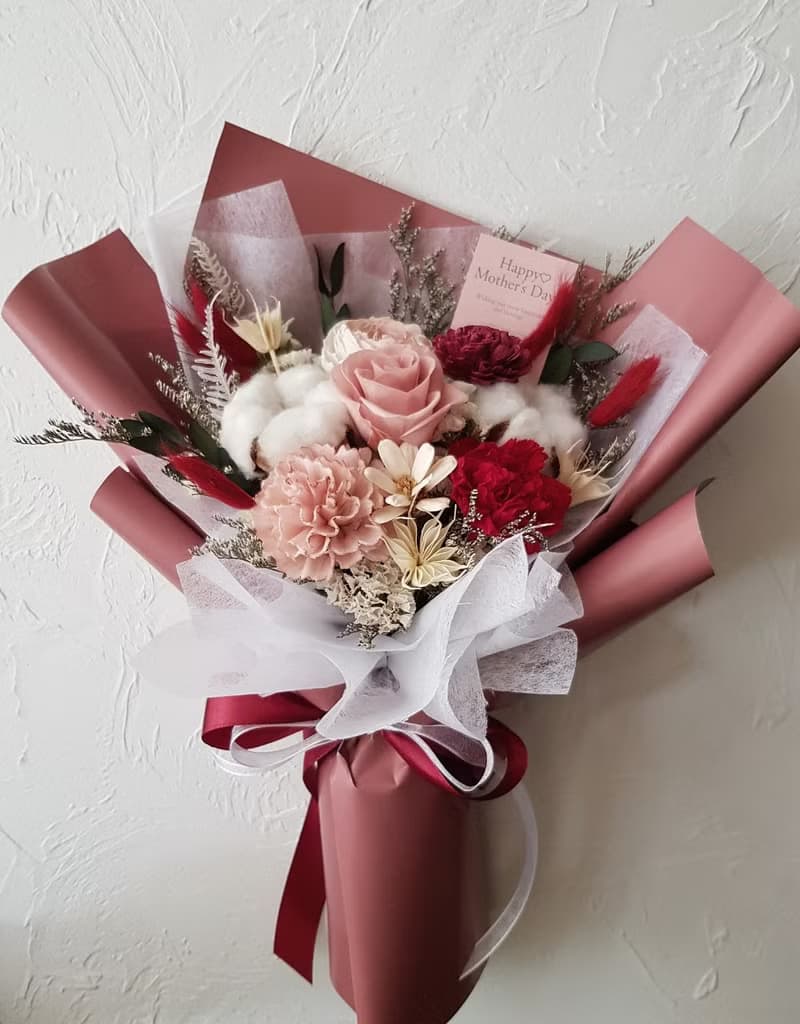 母親節∣永生花+乾燥花∣豆沙紅 雲霧粉∣永生花束∣康乃馨盆花