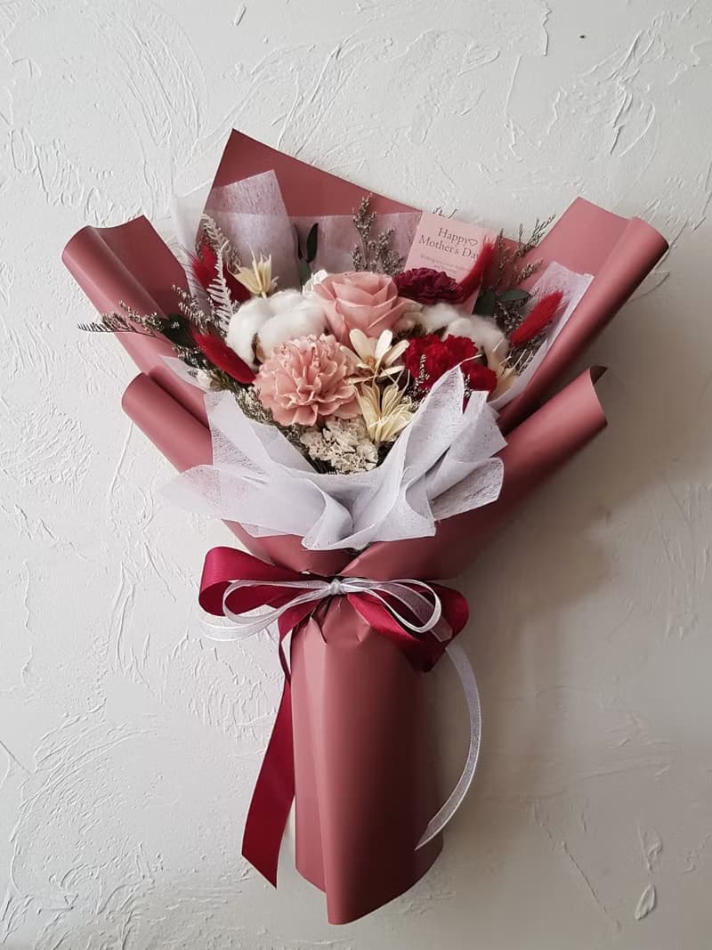 母親節∣永生花+乾燥花∣豆沙紅 雲霧粉∣永生花束∣康乃馨盆花