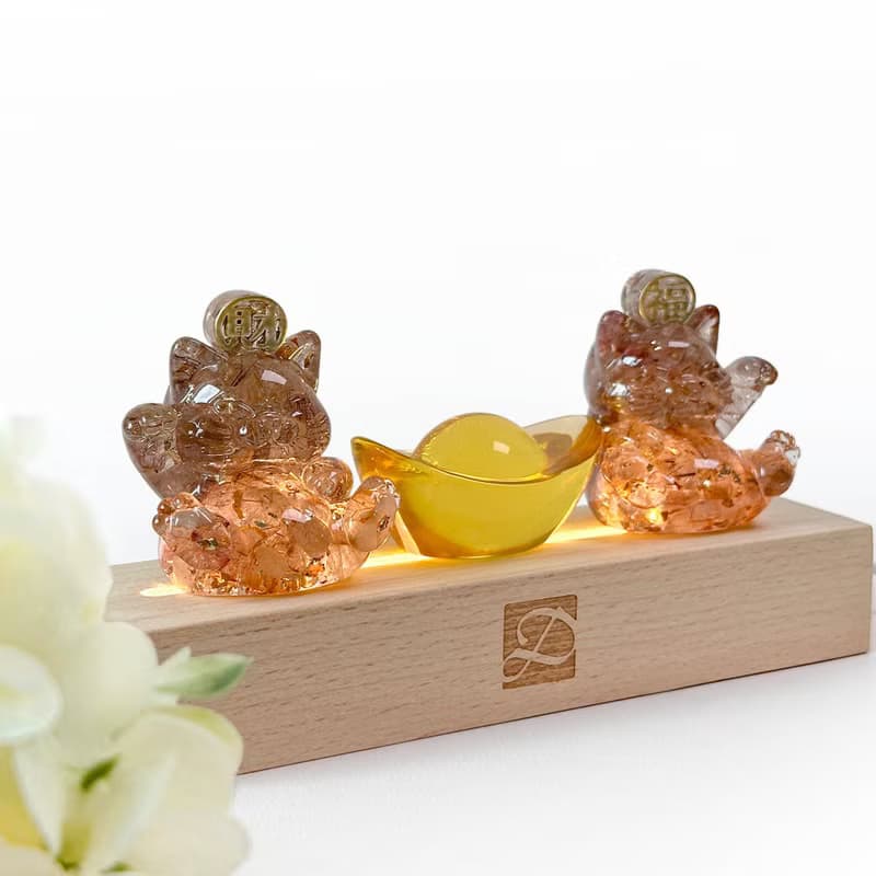 水晶 旺福貓+旺財貓 元寶燈座組 | 天然石擺飾 | 生日 情人節禮物