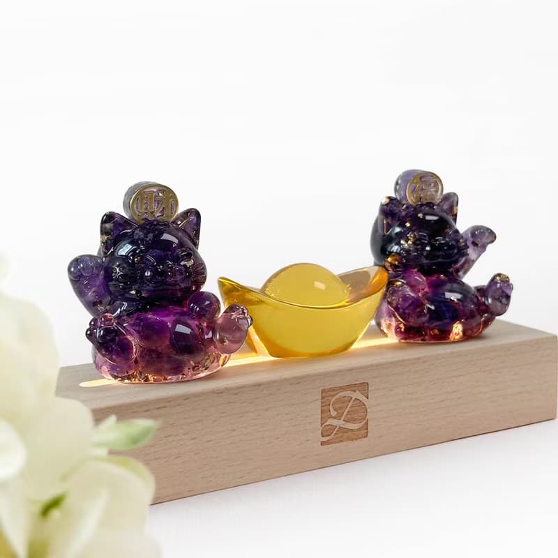 水晶 旺福貓+旺財貓 元寶燈座組 | 天然石擺飾 | 生日 情人節禮物