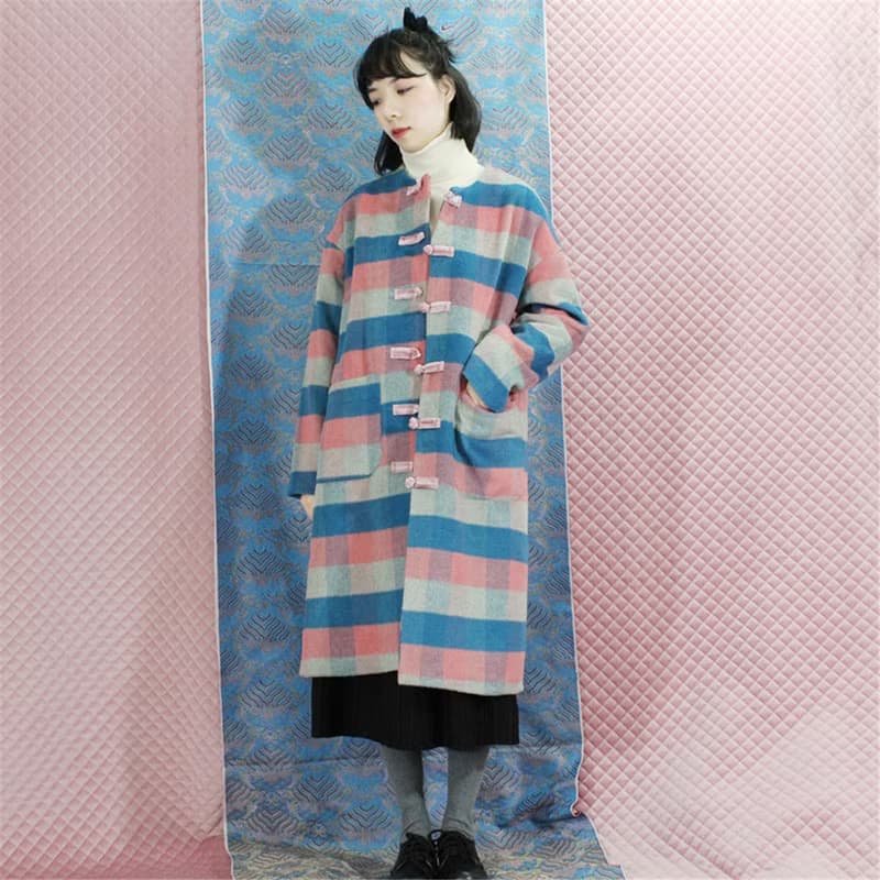 彩虹格紋 羊絨學院風毛呢料長款秋冬外套 新中式中秋春節改良上衣