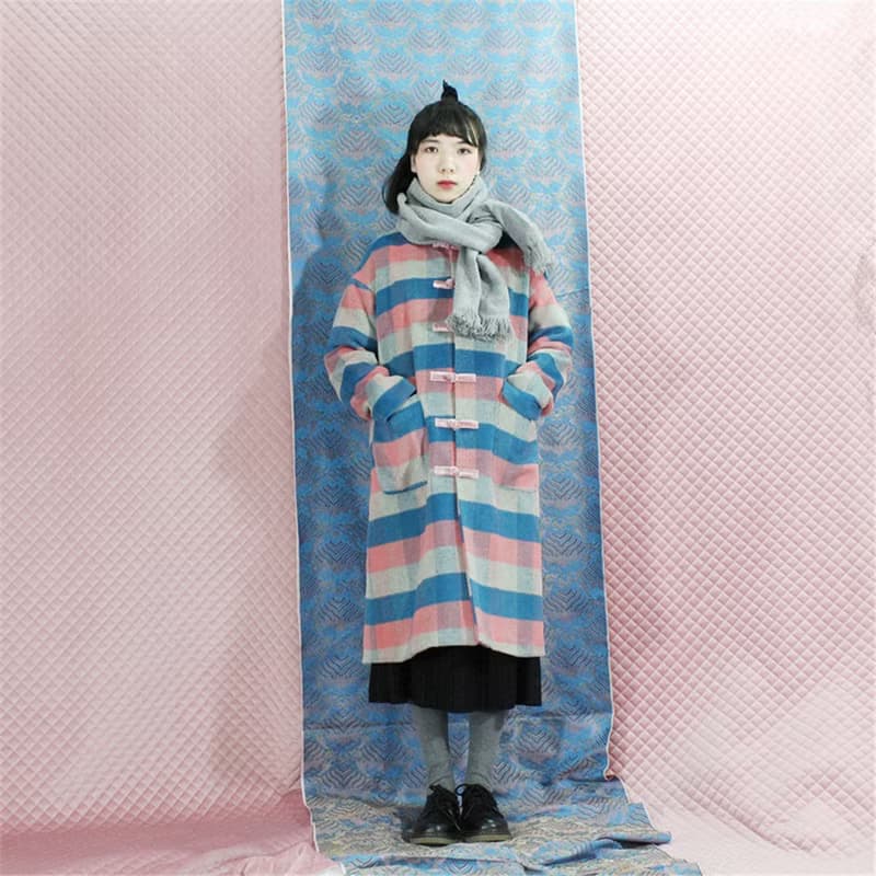 彩虹格紋 羊絨學院風毛呢料長款秋冬外套 新中式中秋春節改良上衣
