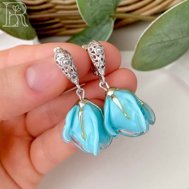 925 sterling silver unique earrings / wedding dangle drop blue earrings