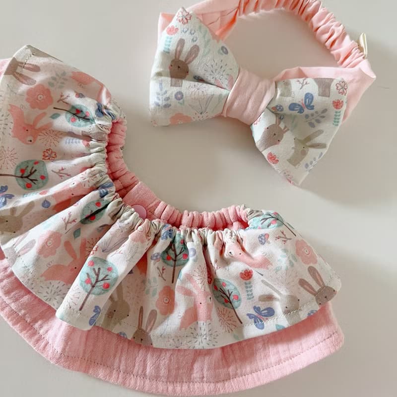 現貨粉灰兔花草生活 兩件組彌月禮盒 圍兜髮帶 嬰兒禮物周歲禮