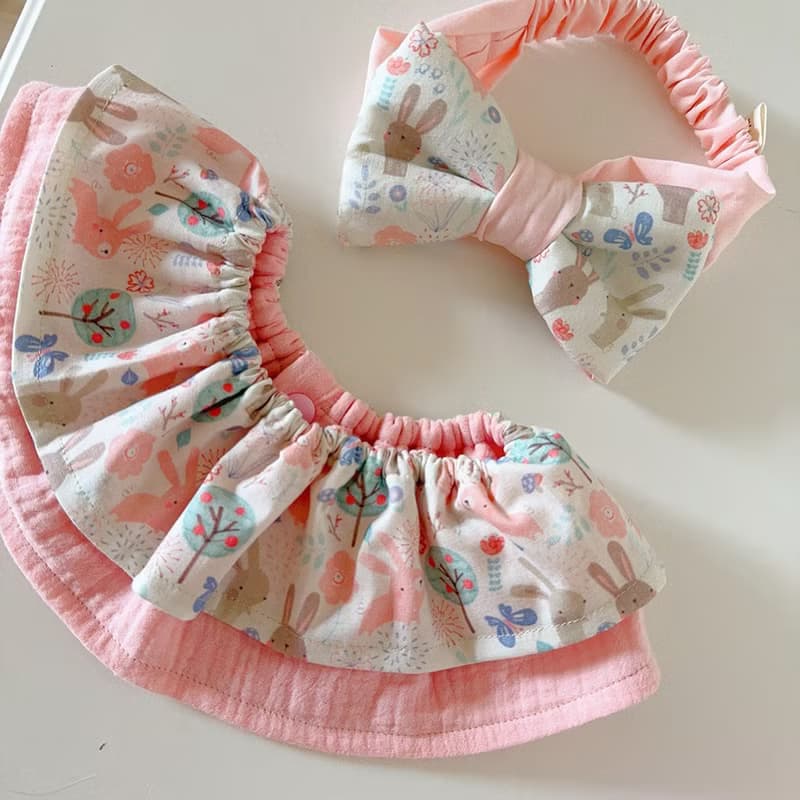 現貨粉灰兔花草生活 兩件組彌月禮盒 圍兜髮帶 嬰兒禮物周歲禮