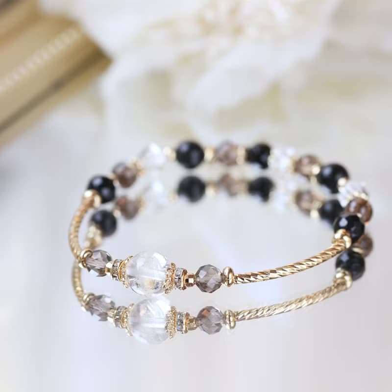 白水晶 黑曜石 茶晶 黑瑪瑙。巴黎小夜曲。健康避邪 水晶手鍊