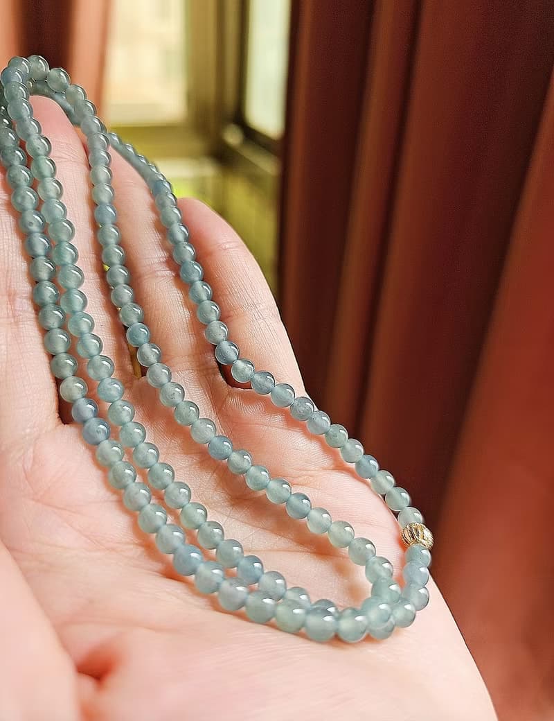 財水|夢幻高冰藍|A貨翡翠淡高冰藍透繩起膠5mm珠長串項鏈
