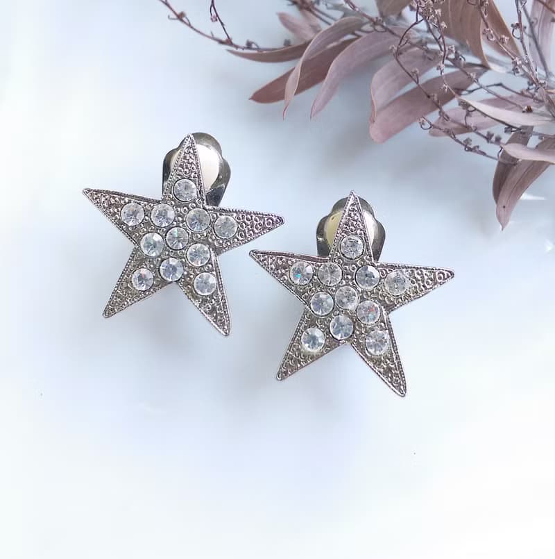 【西洋古董飾品 】白鑽 星星 貼耳 夾式耳環