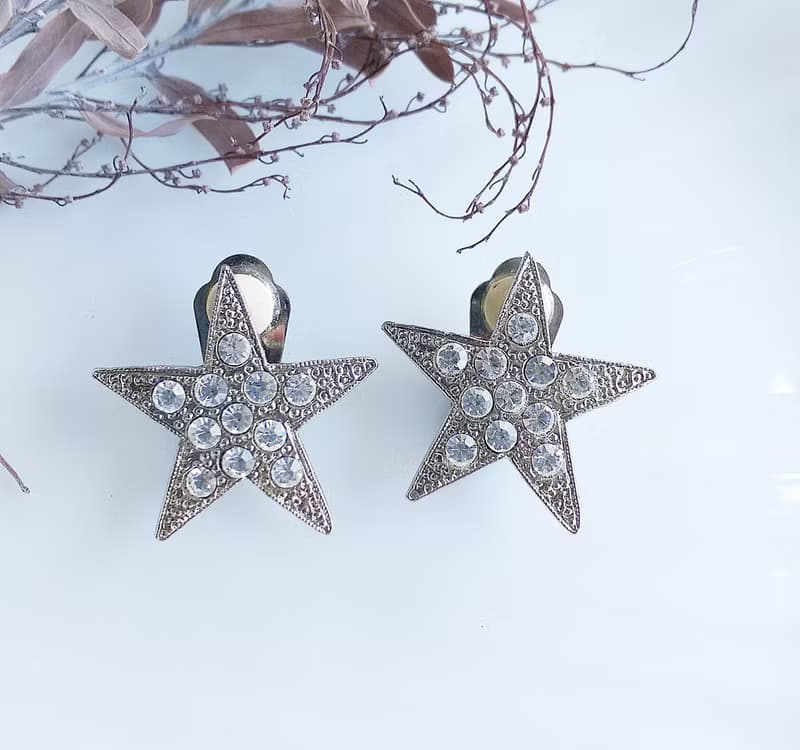 【西洋古董飾品 】白鑽 星星 貼耳 夾式耳環