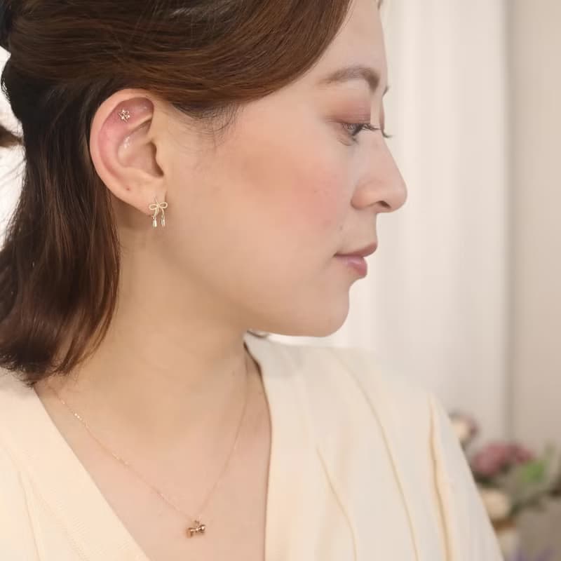 14K 螺旋蝴蝶結墜耳扣耳環 (內徑 8 mm)  洗澡免摘 碰水不褪色