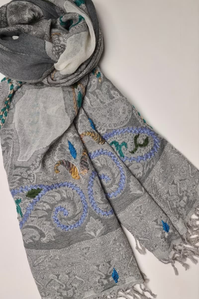 【情人節禮物】喀什米爾水煮羊毛手工刺繡圍巾披肩雲朵灰色拼薄紗
