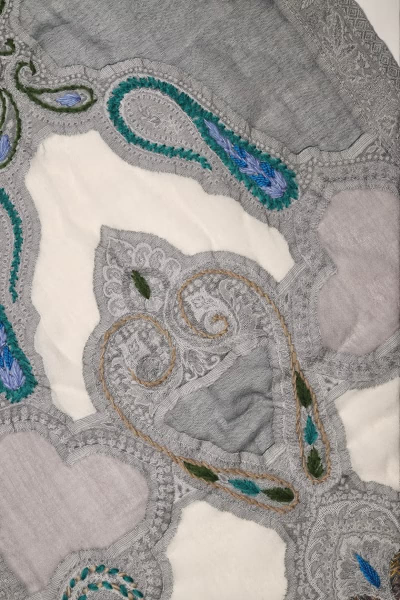 【情人節禮物】喀什米爾水煮羊毛手工刺繡圍巾披肩雲朵灰色拼薄紗