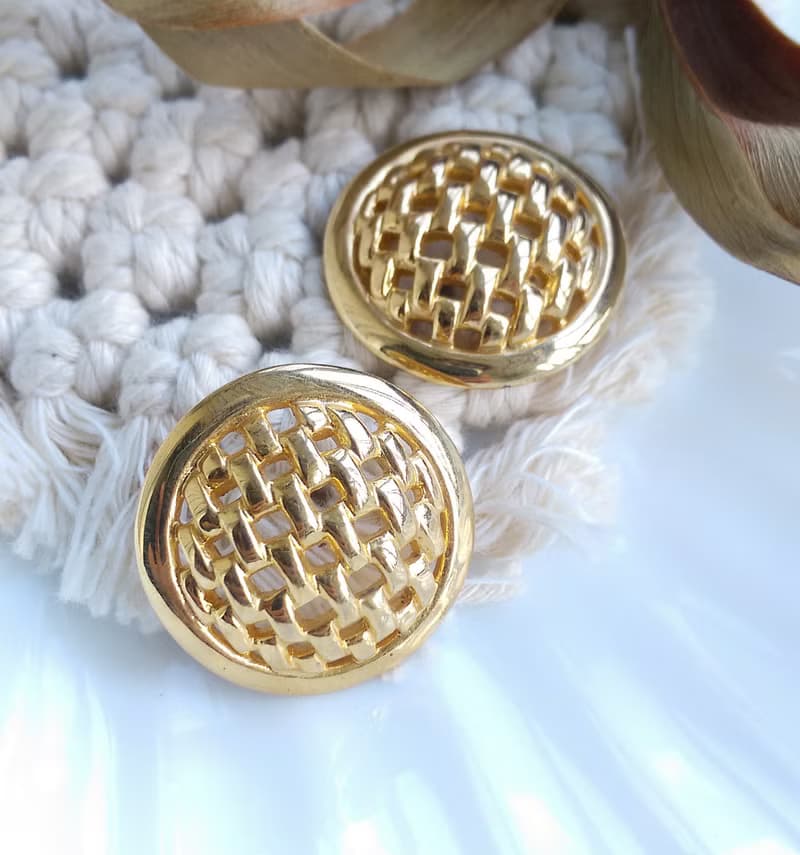 Vintage Jewelry 西洋古董飾品 金色調 金格子 針式耳環