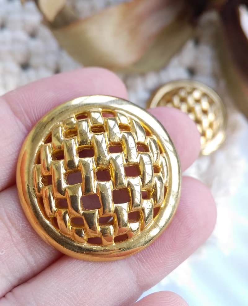 Vintage Jewelry 西洋古董飾品 金色調 金格子 針式耳環