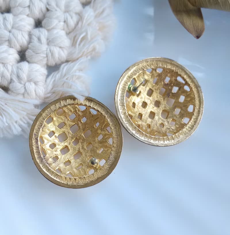 Vintage Jewelry 西洋古董飾品 金色調 金格子 針式耳環