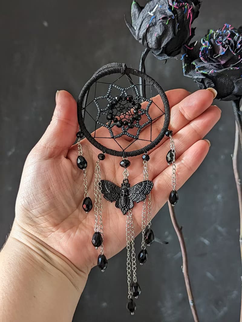 Small Gothic black dream catcher with moth skull and black sparkling crystals