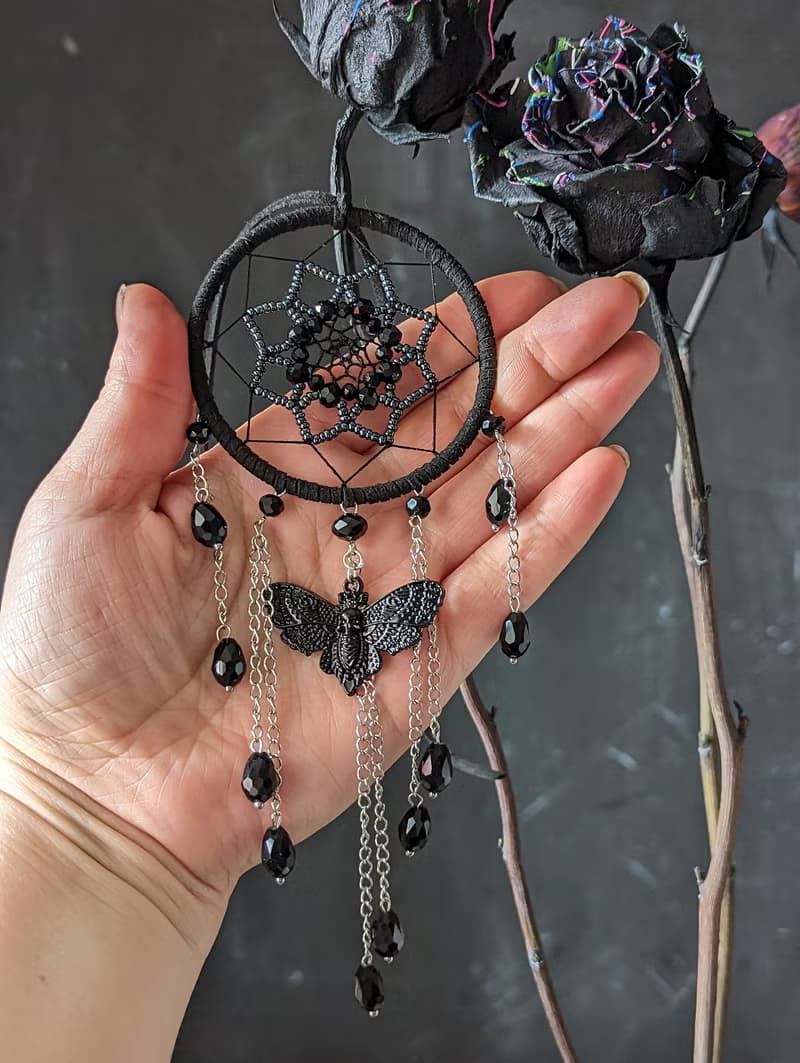 Small Gothic black dream catcher with moth skull and black sparkling crystals
