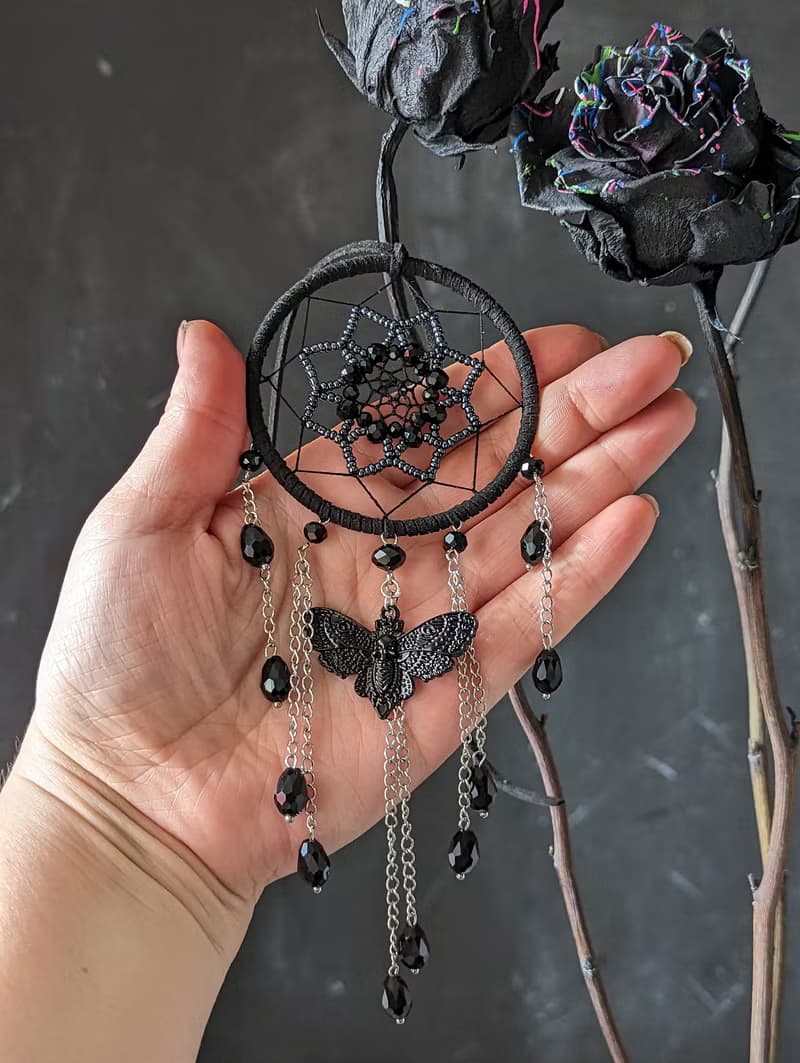 Small Gothic black dream catcher with moth skull and black sparkling crystals