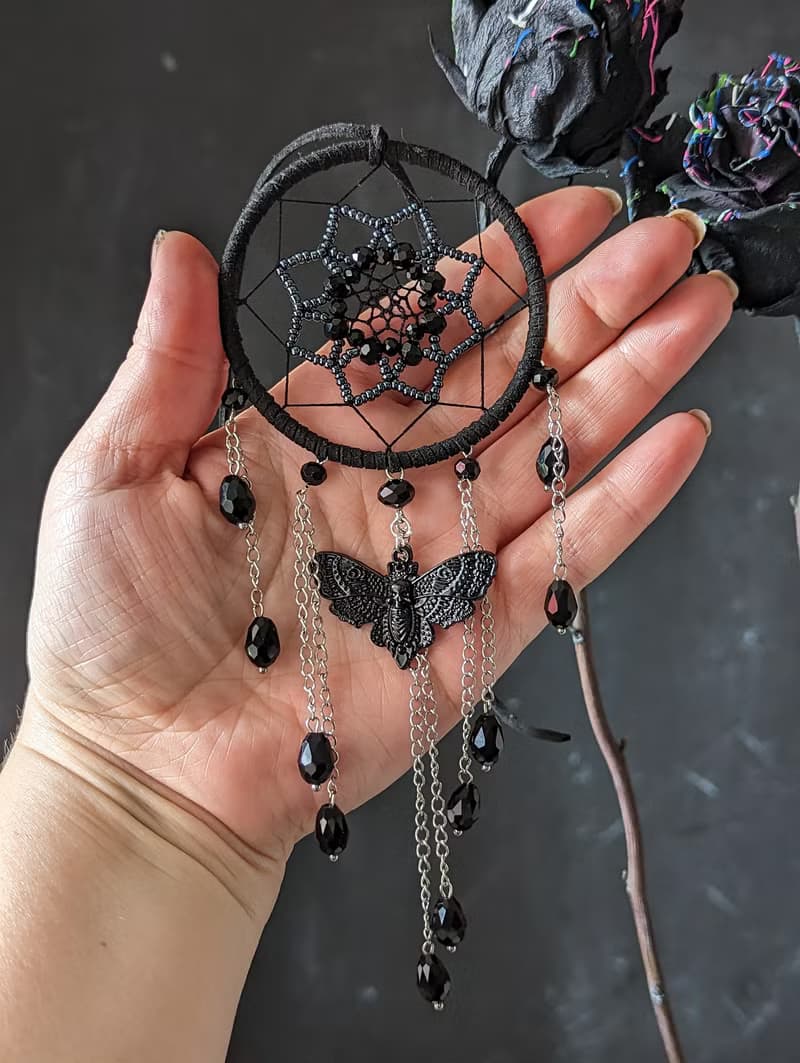 Small Gothic black dream catcher with moth skull and black sparkling crystals