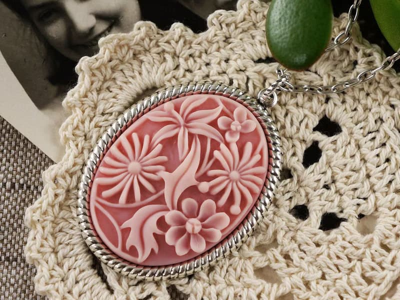 Pink Flower Floral Cameo Necklace Oval Silver Pendant Necklace Woman Jewelry