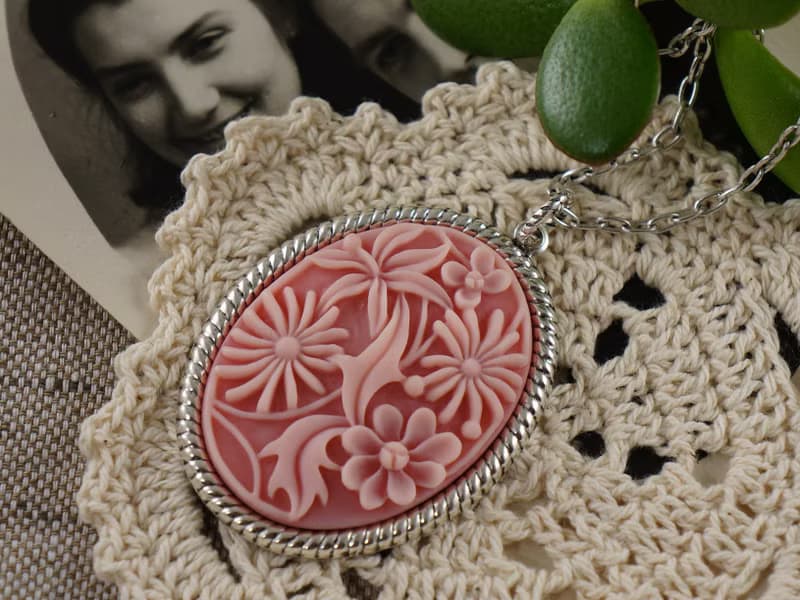 Pink Flower Floral Cameo Necklace Oval Silver Pendant Necklace Woman Jewelry