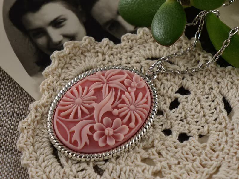 Pink Flower Floral Cameo Necklace Oval Silver Pendant Necklace Woman Jewelry