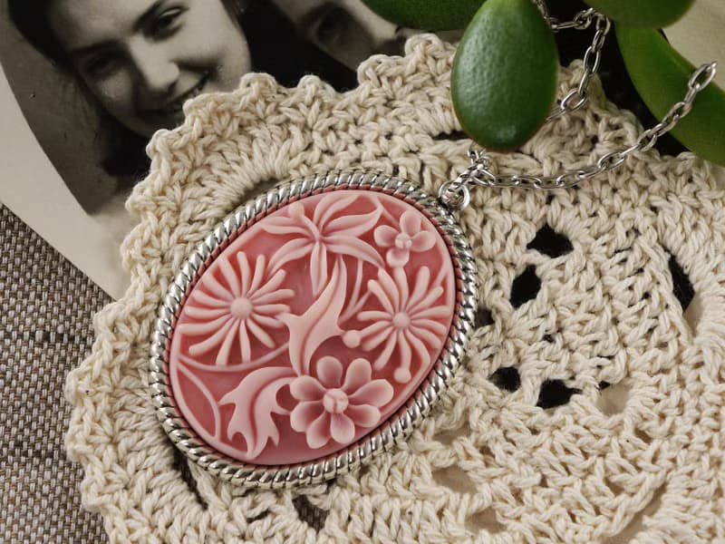 Pink Flower Floral Cameo Necklace Oval Silver Pendant Necklace Woman Jewelry