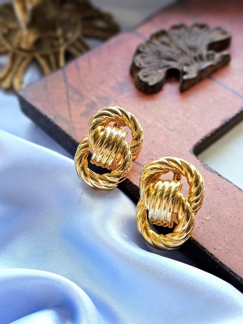 螺旋銜接雙圈金漾摩登夾式耳環/vintage美國西洋古董飾品