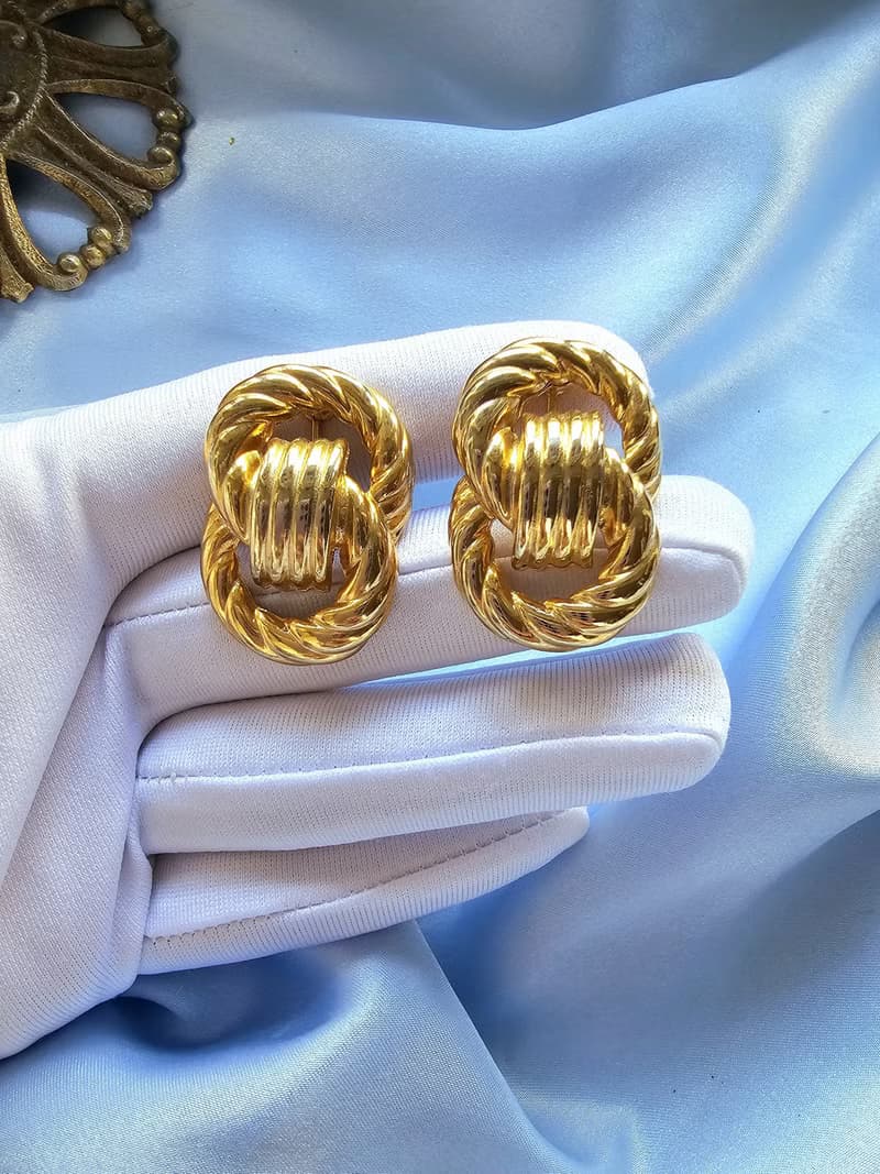 螺旋銜接雙圈金漾摩登夾式耳環/vintage美國西洋古董飾品